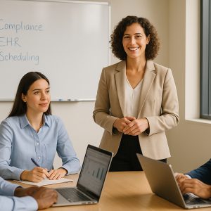 A diverse team of four healthcare administrators participates in a hospital office meeting. A smiling African American woman in a beige blazer stands at the head of the table presenting, while her three colleagues—an older Caucasian man, a young Caucasian woman, and a South Asian man—sit attentively with open laptops and notebooks. A whiteboard behind the presenter displays terms like "Hospital Administration," "Compliance," "EHR," and "Scheduling." Palm trees are visible through the windows, suggesting a California setting.