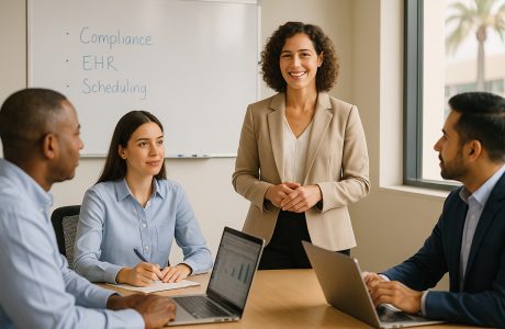 A diverse team of four healthcare administrators participates in a hospital office meeting. A smiling African American woman in a beige blazer stands at the head of the table presenting, while her three colleagues—an older Caucasian man, a young Caucasian woman, and a South Asian man—sit attentively with open laptops and notebooks. A whiteboard behind the presenter displays terms like "Hospital Administration," "Compliance," "EHR," and "Scheduling." Palm trees are visible through the windows, suggesting a California setting.
