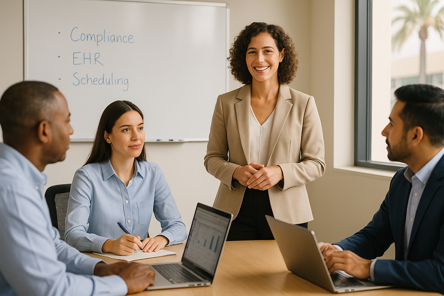 A diverse team of four healthcare administrators participates in a hospital office meeting. A smiling African American woman in a beige blazer stands at the head of the table presenting, while her three colleagues—an older Caucasian man, a young Caucasian woman, and a South Asian man—sit attentively with open laptops and notebooks. A whiteboard behind the presenter displays terms like "Hospital Administration," "Compliance," "EHR," and "Scheduling." Palm trees are visible through the windows, suggesting a California setting.