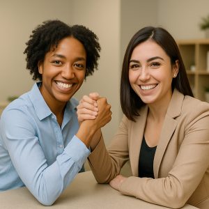 Two diverse women smiling and arm wrestling in a lighthearted healthcare office setting, representing entry-level career paths in healthcare administration and medical office management.