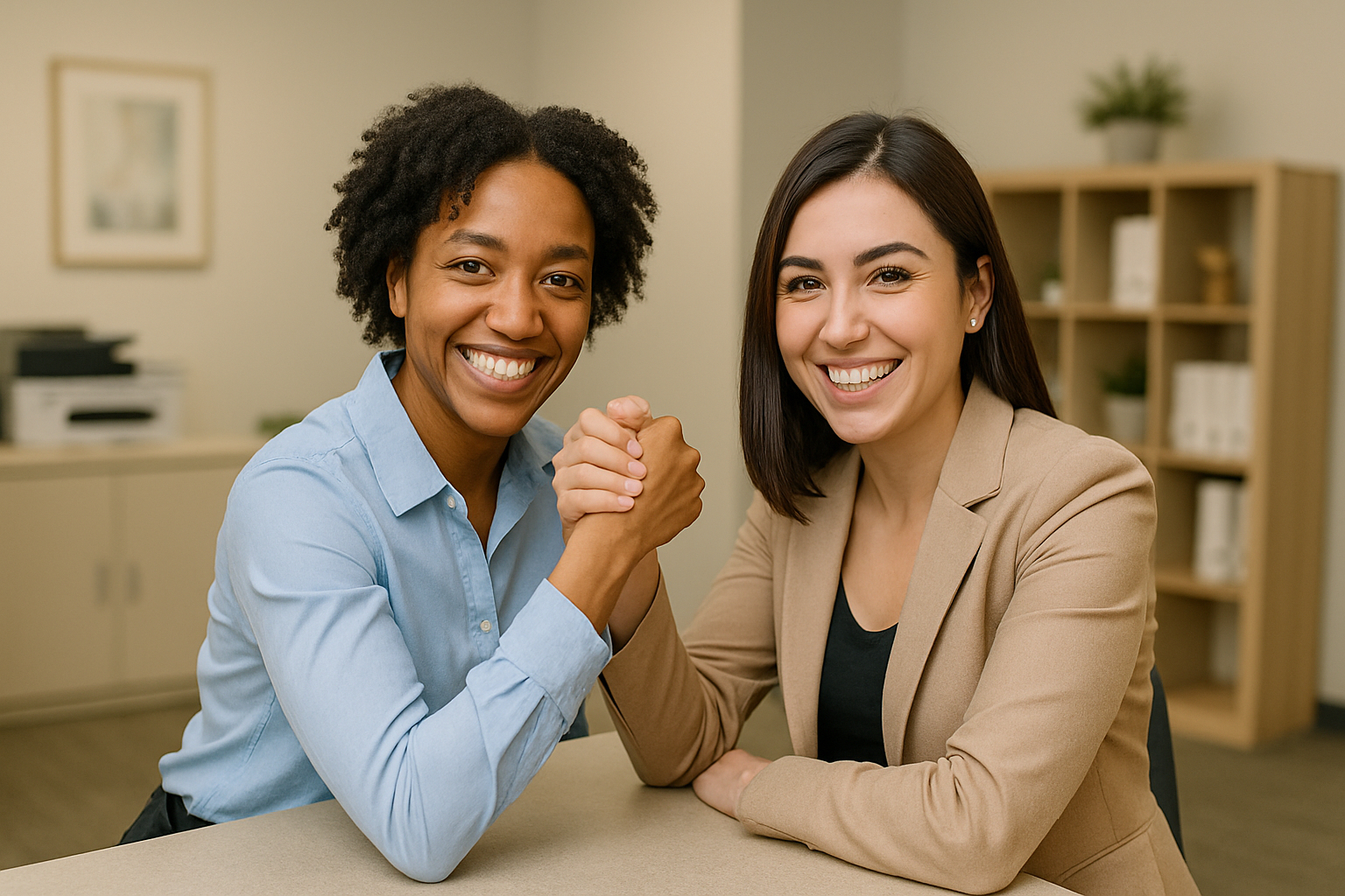 Two diverse women smiling and arm wrestling in a lighthearted healthcare office setting, representing entry-level career paths in healthcare administration and medical office management.