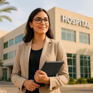 A confident young woman in a beige blazer stands outside a California medical office building, holding a clipboard and smiling slightly. Palm trees and a large "HOSPITAL" sign are visible behind her, with warm sunlight creating a professional and optimistic atmosphere.
