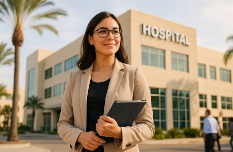 A confident young woman in a beige blazer stands outside a California medical office building, holding a clipboard and smiling slightly. Palm trees and a large "HOSPITAL" sign are visible behind her, with warm sunlight creating a professional and optimistic atmosphere.