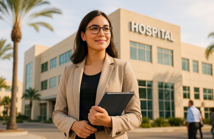 A confident young woman in a beige blazer stands outside a California medical office building, holding a clipboard and smiling slightly. Palm trees and a large "HOSPITAL" sign are visible behind her, with warm sunlight creating a professional and optimistic atmosphere.