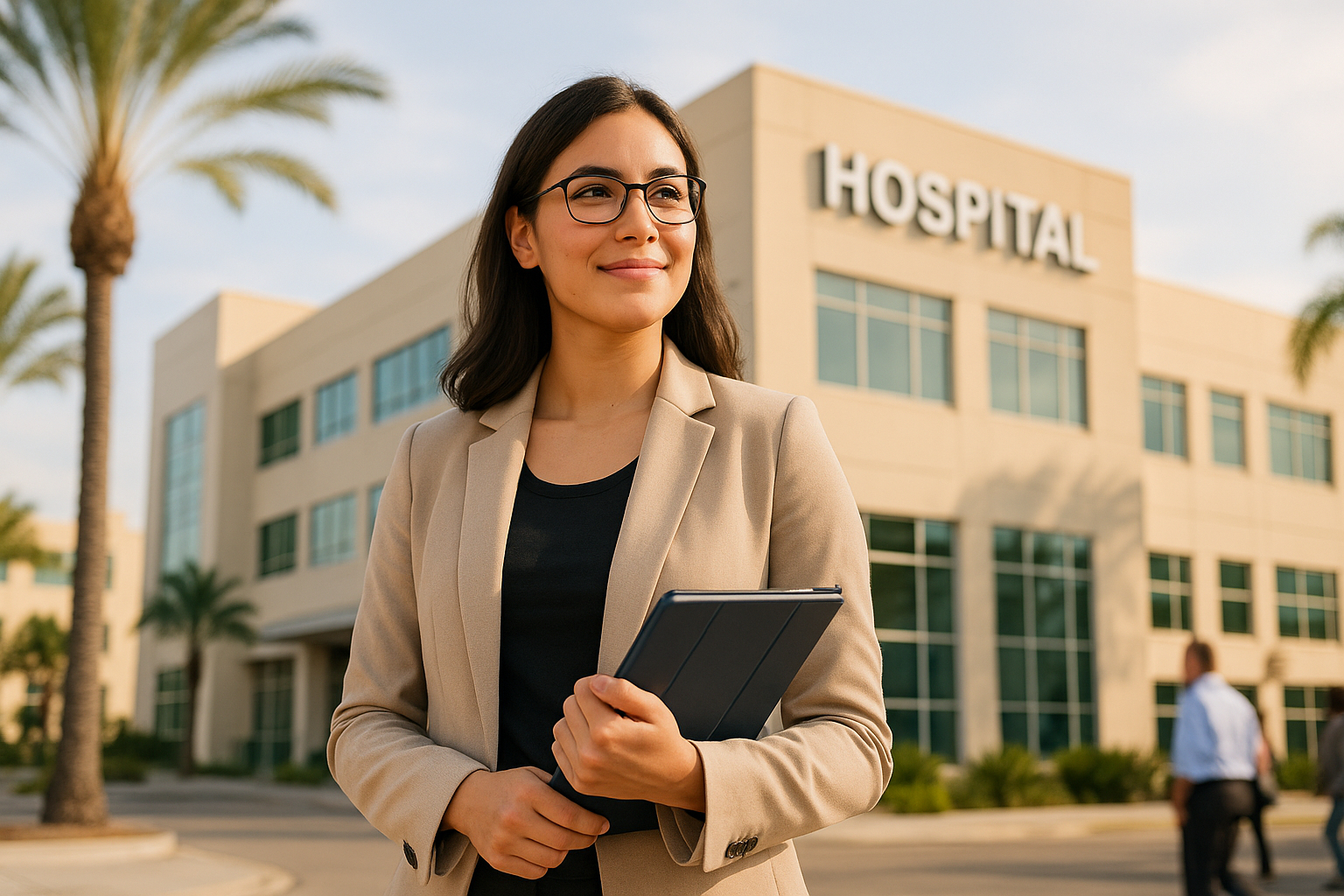 A confident young woman in a beige blazer stands outside a California medical office building, holding a clipboard and smiling slightly. Palm trees and a large "HOSPITAL" sign are visible behind her, with warm sunlight creating a professional and optimistic atmosphere.