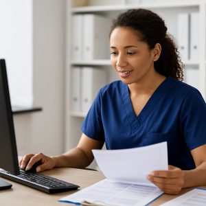 Medical biller in a modern healthcare office working at a computer while reviewing patient documents, focused and detail-oriented.