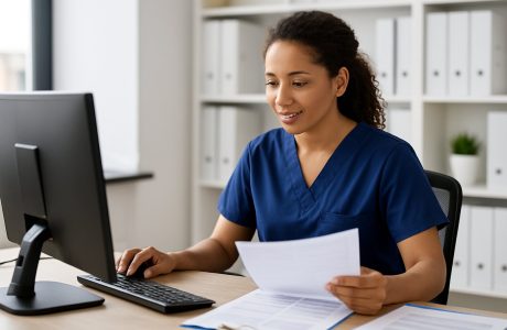 Medical biller in a modern healthcare office working at a computer while reviewing patient documents, focused and detail-oriented.