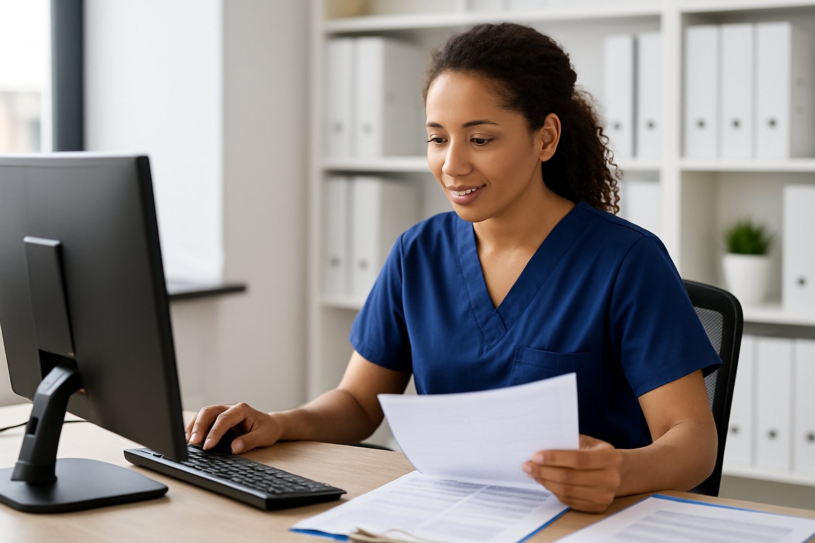 Medical biller in a modern healthcare office working at a computer while reviewing patient documents, focused and detail-oriented.