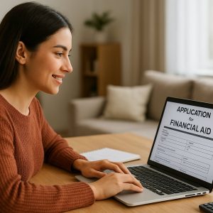 College student sitting at a desk applying online for financial aid on a laptop with a notebook and calculator nearby.