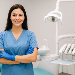 Dental assistant in blue scrubs working in a modern California dental office with dental chair and equipment