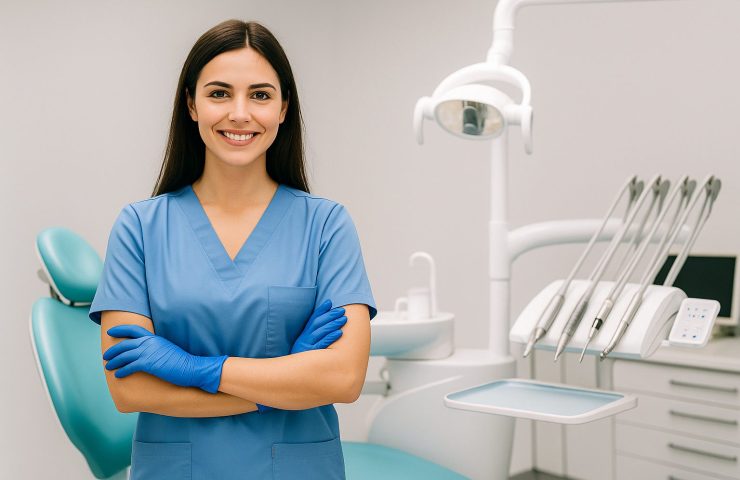 Dental assistant in blue scrubs working in a modern California dental office with dental chair and equipment