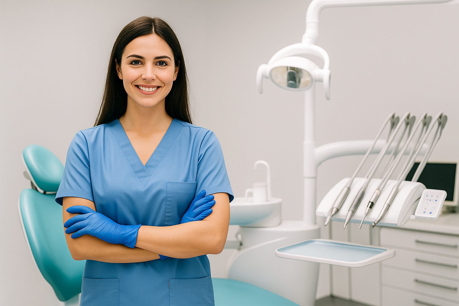 Dental assistant in blue scrubs working in a modern California dental office with dental chair and equipment