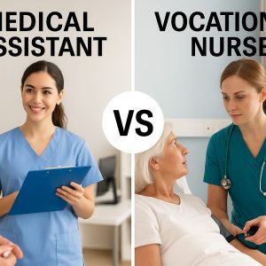 Split screen showing medical assistant taking patient vitals in clinic on left and LVN nurse providing bedside care in hospital on right