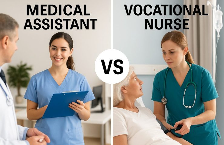 Split screen showing medical assistant taking patient vitals in clinic on left and LVN nurse providing bedside care in hospital on right
