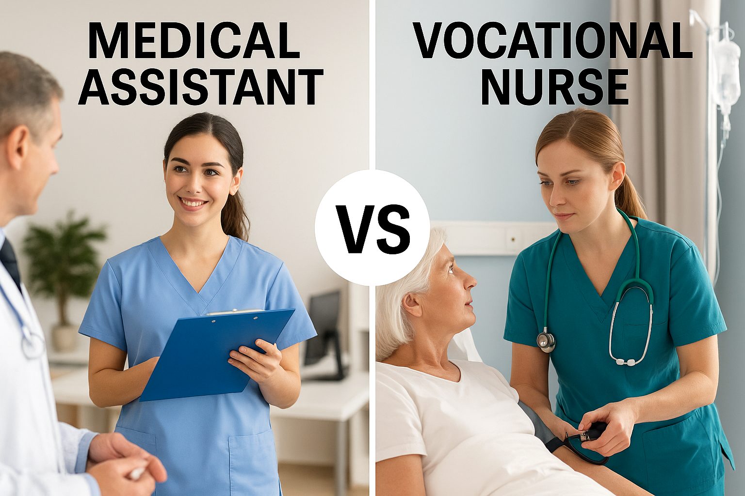 Split screen showing medical assistant taking patient vitals in clinic on left and LVN nurse providing bedside care in hospital on right