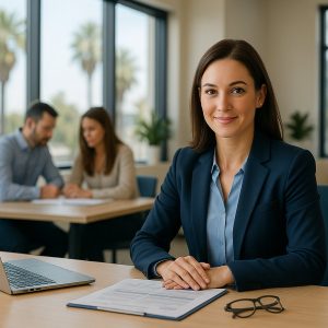 Professional office manager working at a modern desk in a California office with colleagues collaborating in the background
