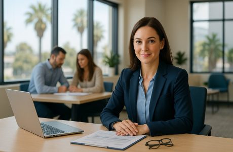 Professional office manager working at a modern desk in a California office with colleagues collaborating in the background