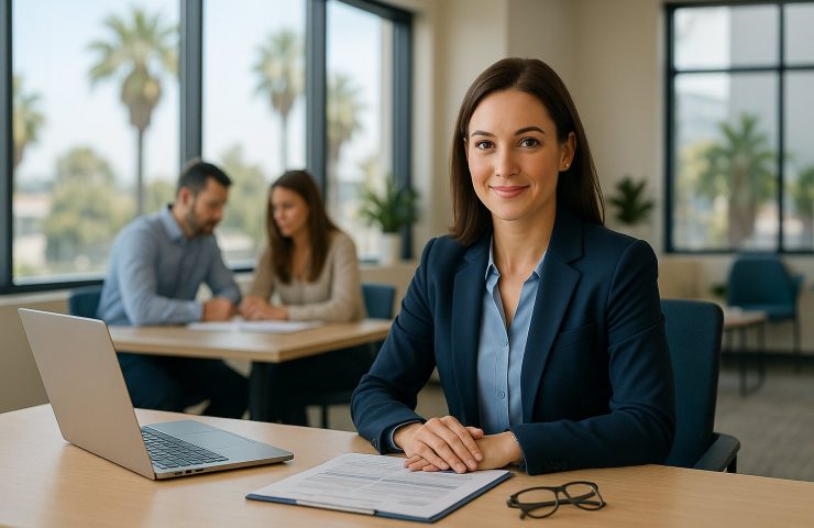 Professional office manager working at a modern desk in a California office with colleagues collaborating in the background