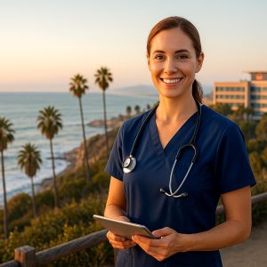 Professional female travel nurse in navy scrubs holding a tablet, standing on a California coastal overlook with ocean, palm trees, and a hospital in the background during golden hour.