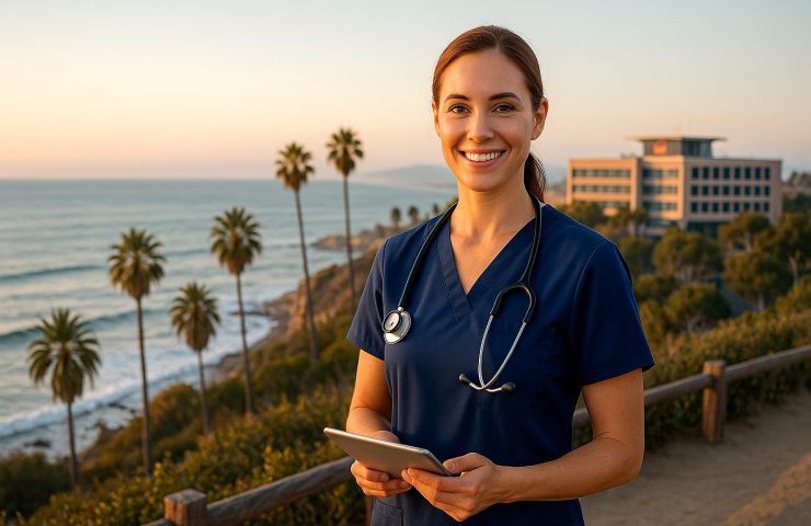 Professional female travel nurse in navy scrubs holding a tablet, standing on a California coastal overlook with ocean, palm trees, and a hospital in the background during golden hour.