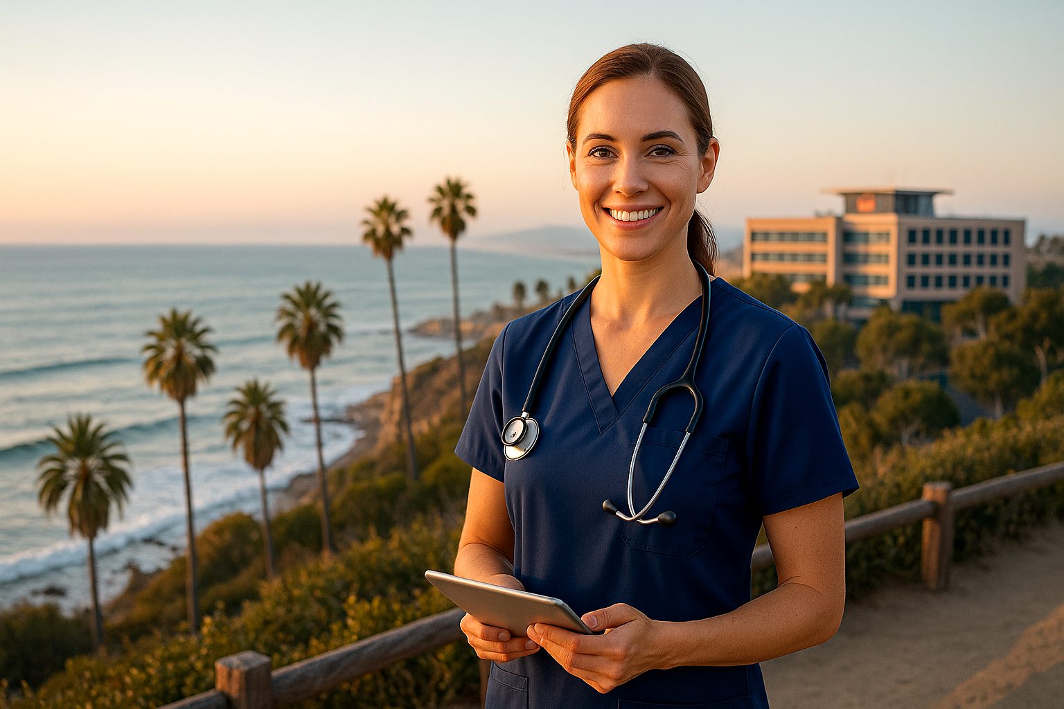 Professional female travel nurse in navy scrubs holding a tablet, standing on a California coastal overlook with ocean, palm trees, and a hospital in the background during golden hour.