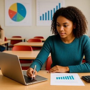 Business and accounting student in a California classroom working on a laptop with a calculator and financial charts on the desk.