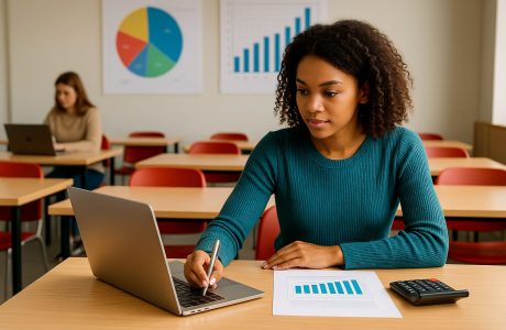 Business and accounting student in a California classroom working on a laptop with a calculator and financial charts on the desk.
