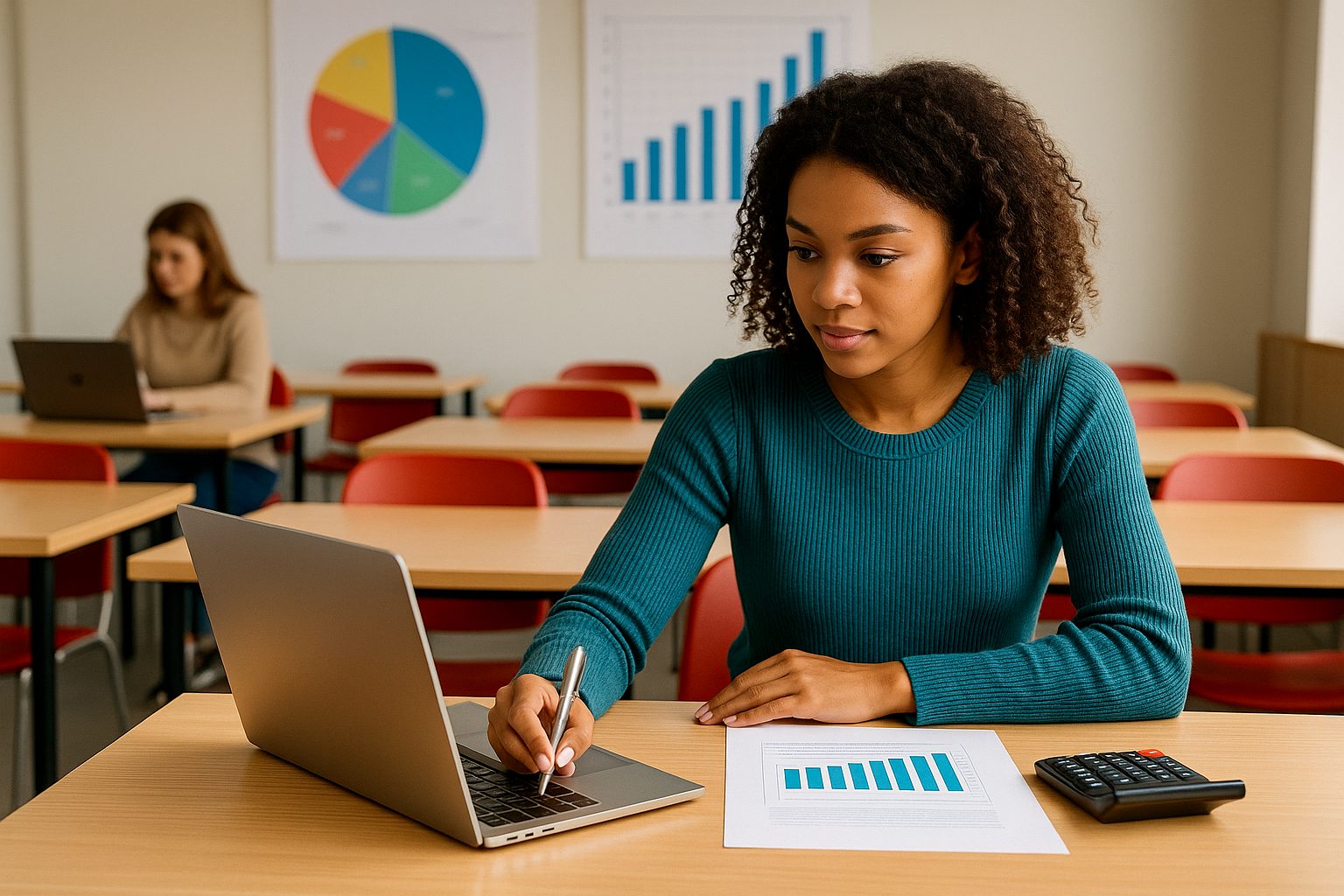 Business and accounting student in a California classroom working on a laptop with a calculator and financial charts on the desk.