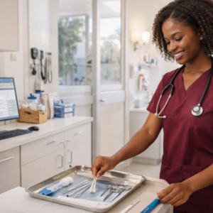 Medical assistant in burgundy scrubs preparing treatment room in modern medical clinic