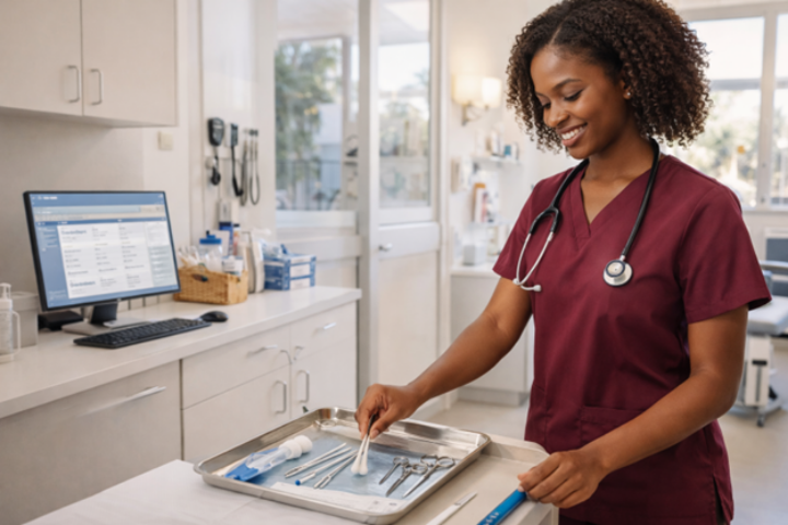 Medical assistant in burgundy scrubs preparing treatment room in modern medical clinic