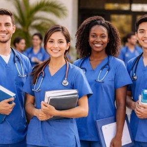 Licensed Vocational Nurse students in blue scrubs standing together outside a healthcare training campus in California, representing hands-on LVN education at National Career College.