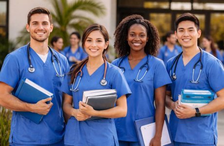 Licensed Vocational Nurse students in blue scrubs standing together outside a healthcare training campus in California, representing hands-on LVN education at National Career College.