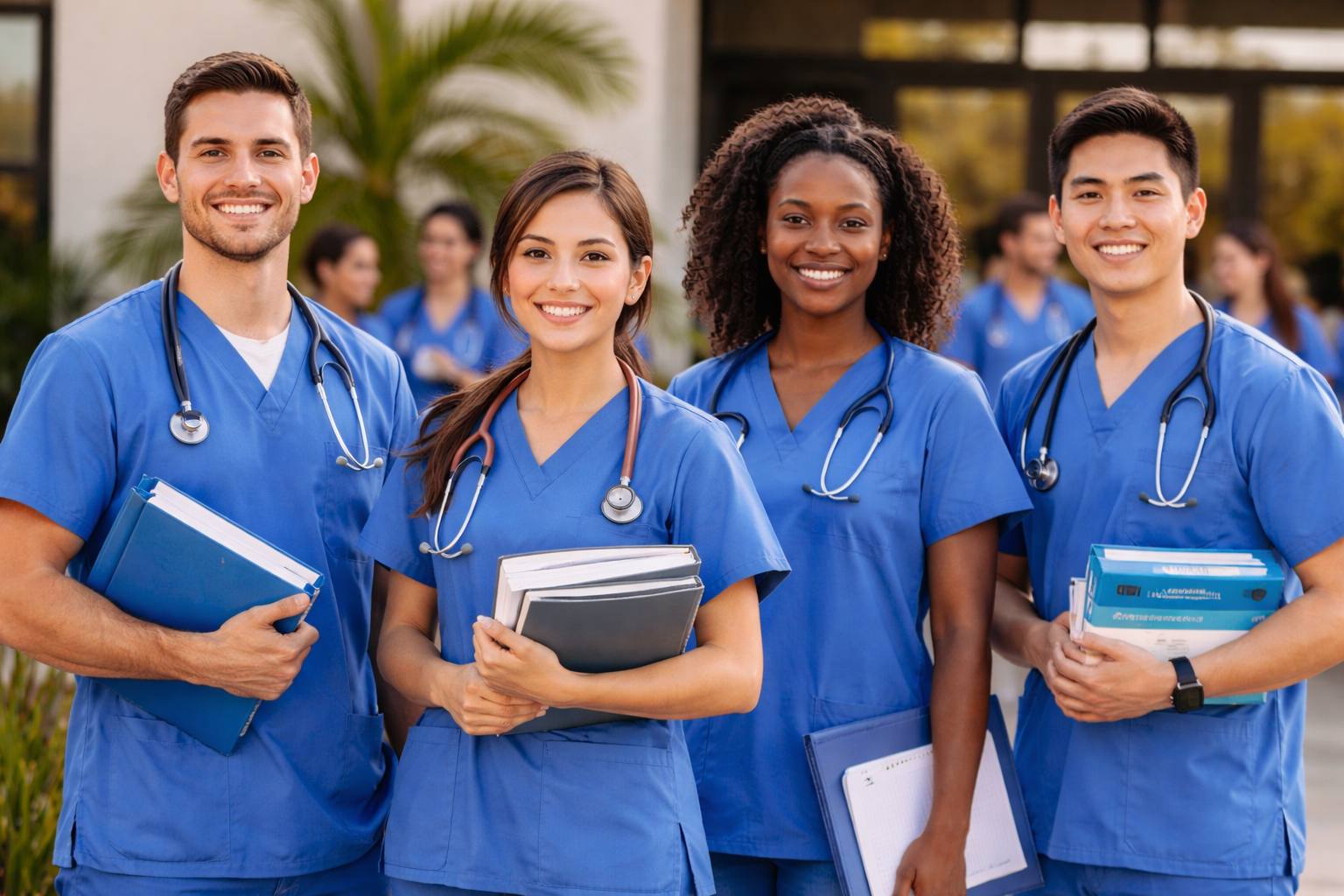 Licensed Vocational Nurse students in blue scrubs standing together outside a healthcare training campus in California, representing hands-on LVN education at National Career College.
